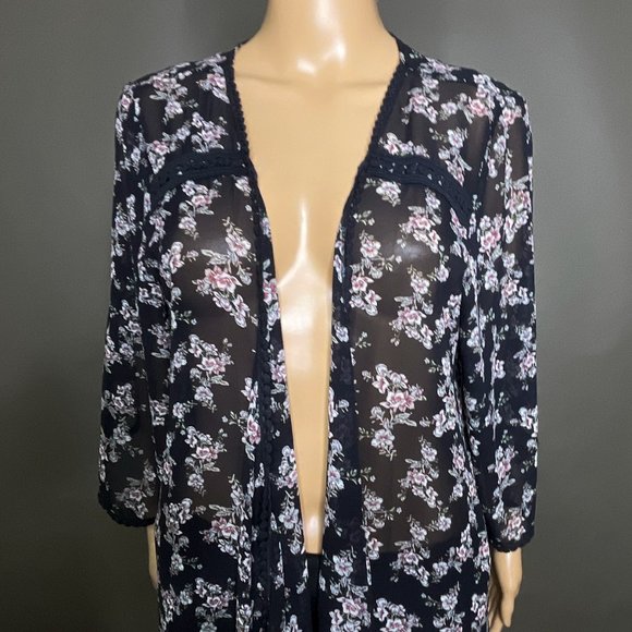 Emory Park Sheer Jacket Open Front Floral Print on‎ Black Background Size XXL - Picture 1 of 15